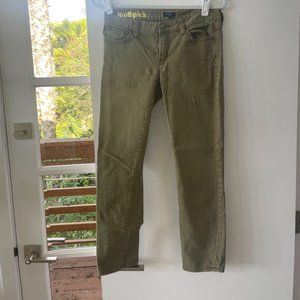 J. Crew Factory Stretch‎ Toothpick Jeans in Olive Green; Low-Rise, Ankle, 28